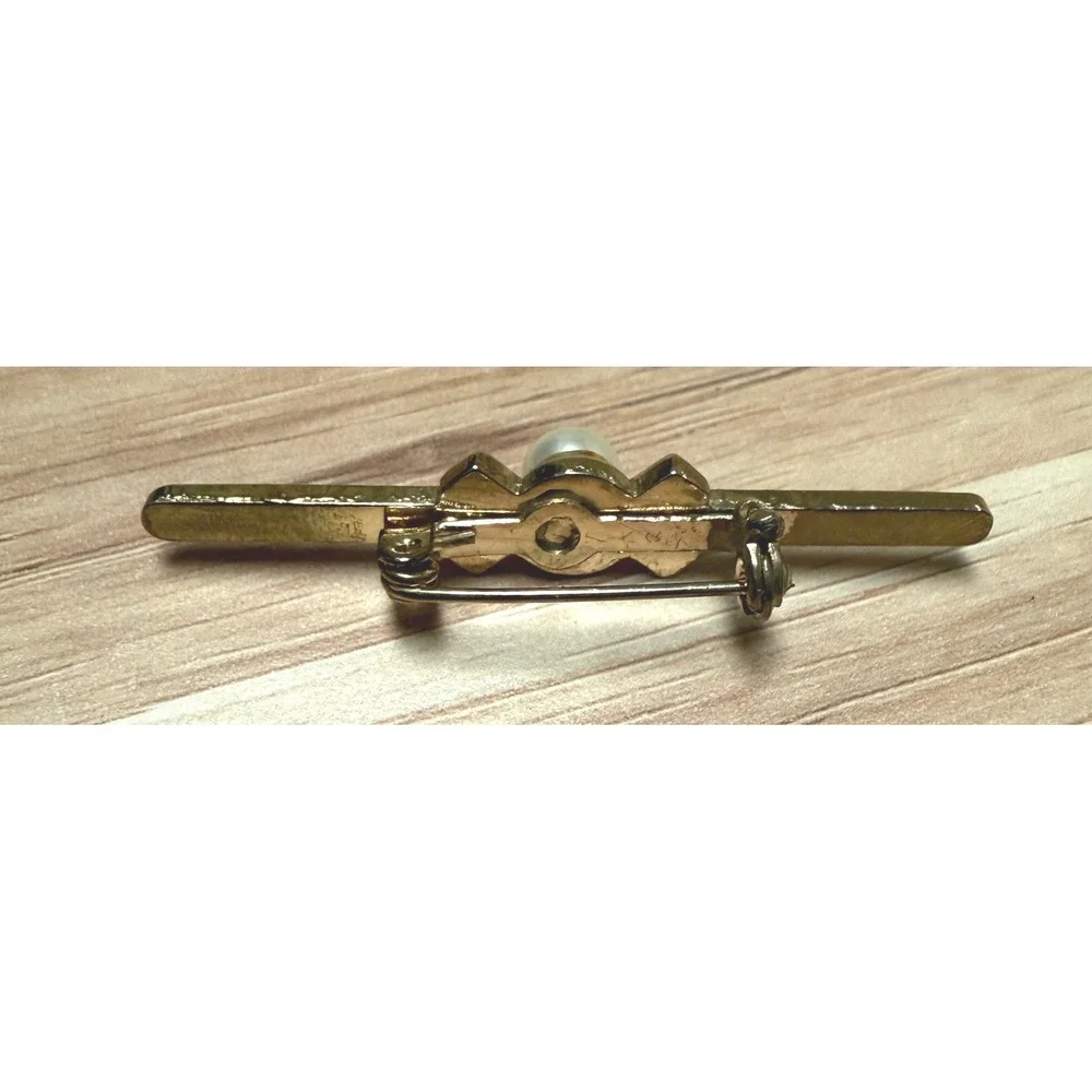 Vintage Gold Tone Tie Clip Bar Black Enamel Cross Design Faux Pearl‎ Mid-Century